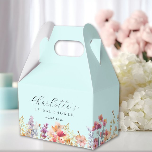 Ballotins Moderne, fleurs sauvages, douche de mariée (Modern, wildflower, bridal shower favor boxes with your name and date.)