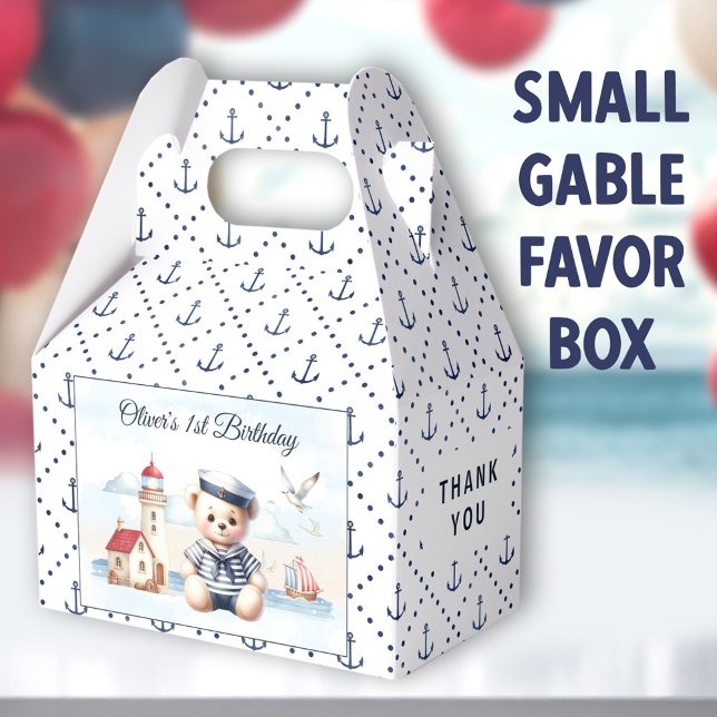 Ballotins Nautique marin mignonne Ours 1er Anniversaire peti (Sailor Bear Small Gable Favor Boxes -  You can choose from 3 sizes of these gable favor boxes)