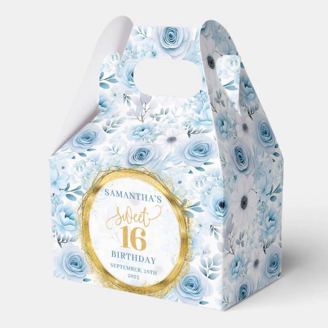 Ballotins Parties scintillant d'or de Sweet sixteen bleu cla (Personalized Light Blue Sweet Sixteen Gold Glitter Favor Boxes)