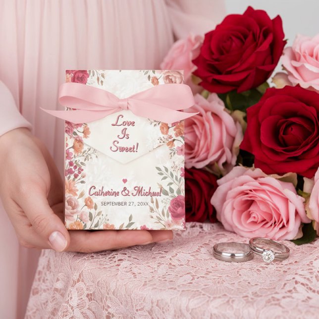 Ballotins Pink & Red Romantic Rose Spring Wedding  (Front view of pink red floral spring 'love is sweet' wedding favor box with pink ribbon.)