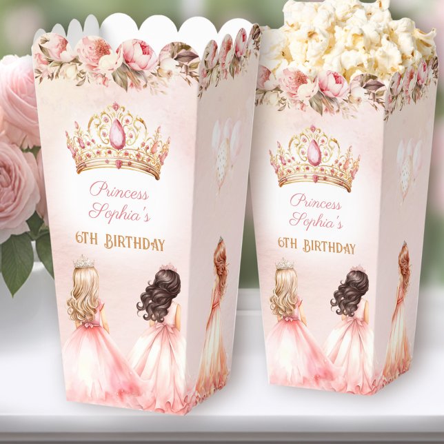 Ballotins Princesse Couronne Rose Or Floral Anniversaire Pop (Princess Crown Pink Gold Floral Birthday Popcorn Favor Boxes)