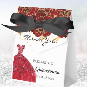 Ballotins Quinceanera rouge flores blancs robe merci