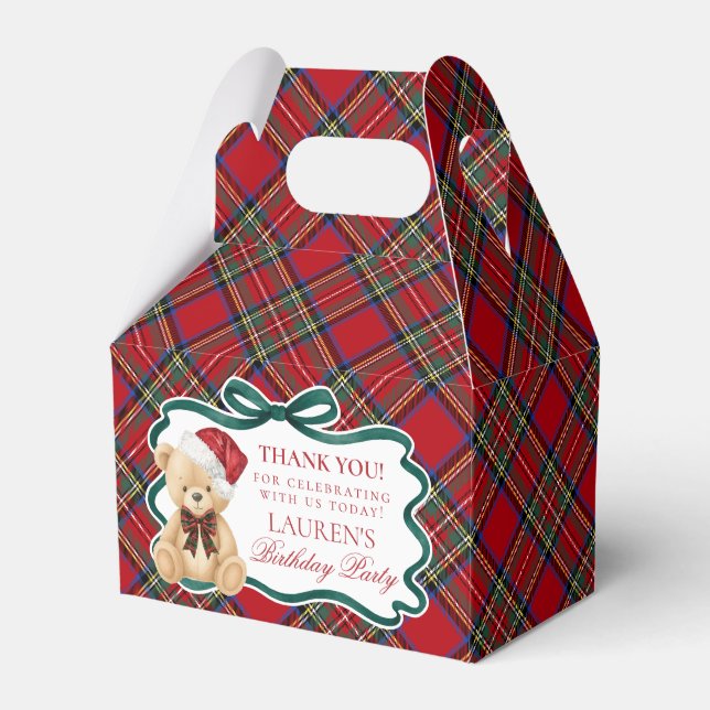 Ballotins Red Tartan Plaid Christmas Bear Birthday Favor Box (Verso)