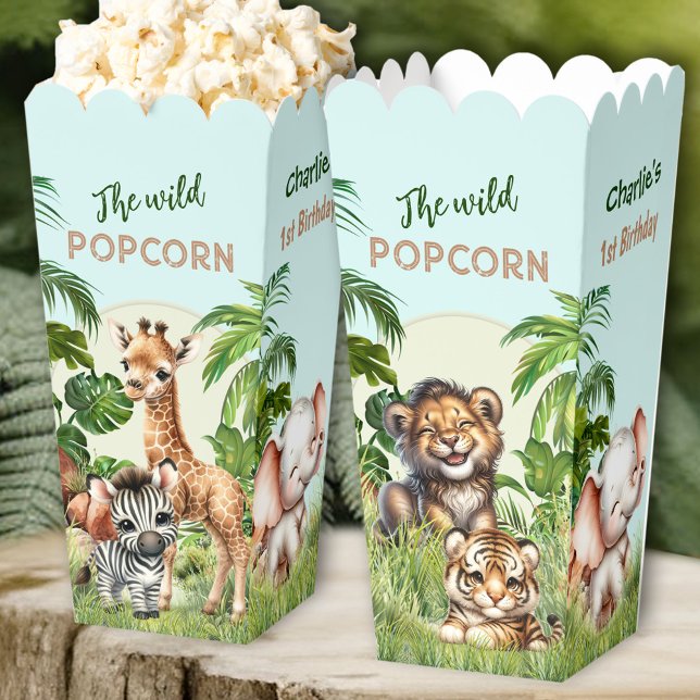 Ballotins Safari Jungle Animaux sauvages 1er anniversaire Po (Safari Jungle Animals Wild 1st Birthday Popcorn Favor Boxes)
