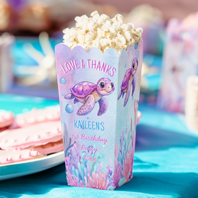 Ballotins Sous la mer mignonne tortue rose violet anniversai (Under the sea cute turtle pink purple birthday personalized popcorn favor boxes customized favor box)