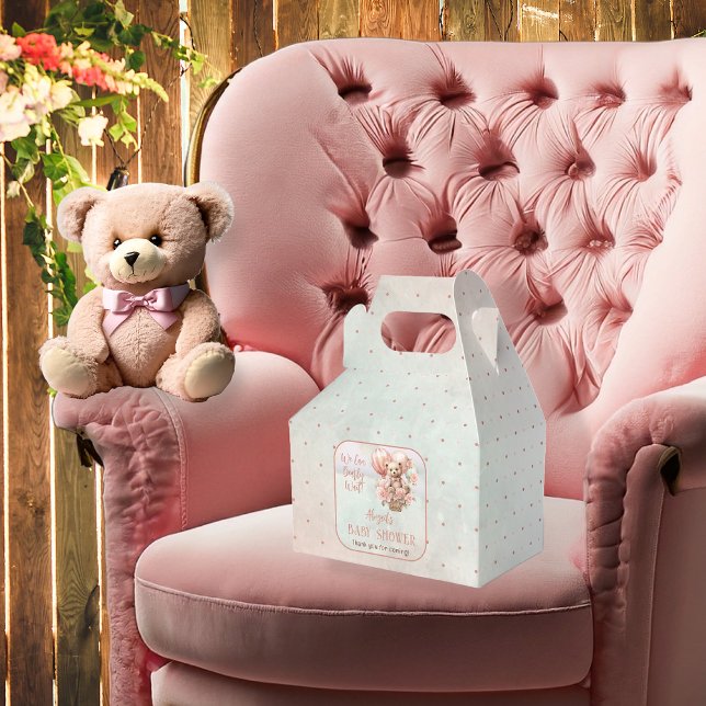 Ballotins Teddy Bear Balloons Girl Bearly Wait Baby shower (Teddy Bear and Pink Hot Air Balloons with Flowers "We Can Bearly Wait" Baby Shower Favor Box)