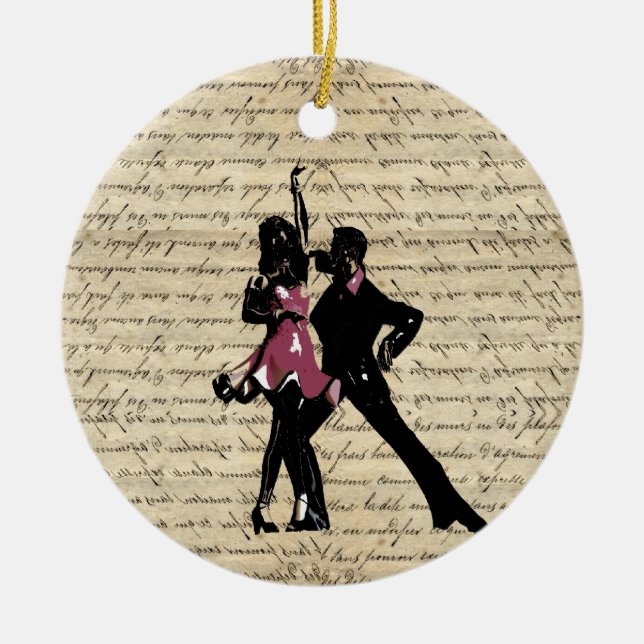 Ballroom dancers on vintage paper ceramic ornament (Front)