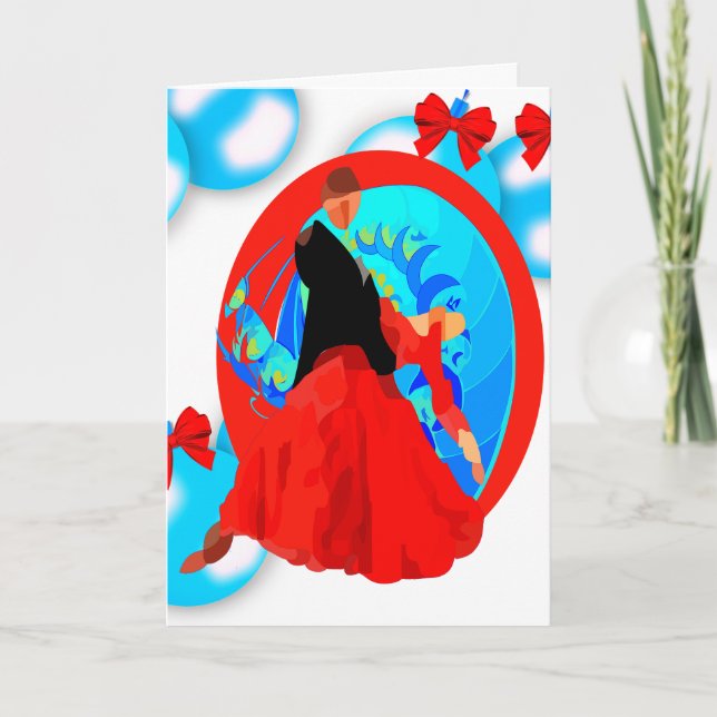 Ballroom Dancers With Ornaments And Bows Christmas Card (Front)