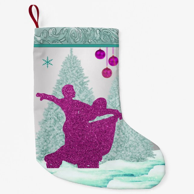 Ballroom Dancers With Ornaments Trees Snow Small Christmas Stocking (Front)