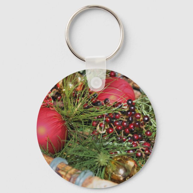 Balls Beads Evergreens Christmas Holiday Keychain (Front)