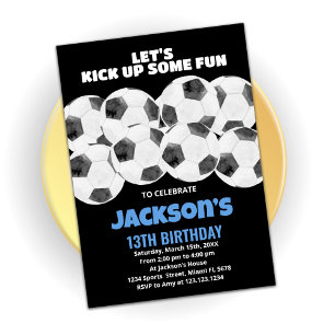 Balls Black Soccer Birthday Invitations
