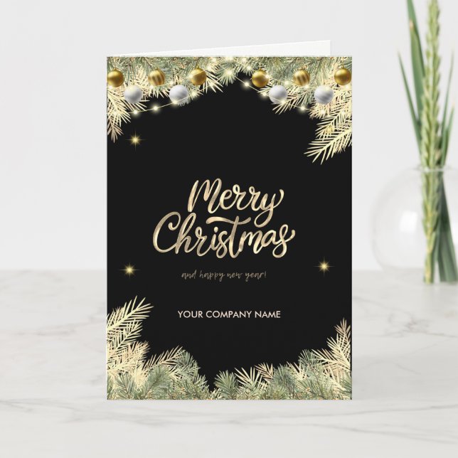 Balls,Branches,Black Corporate Holiday Card (Front)