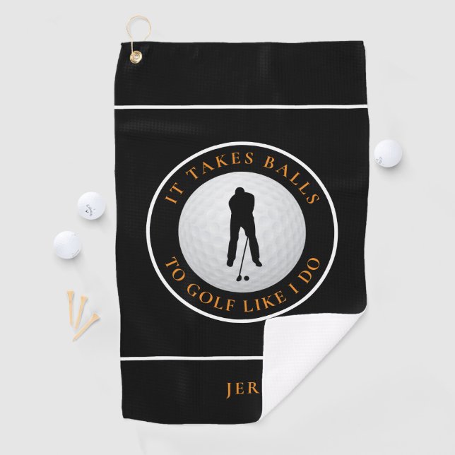 Balls Humour Golfer Sports Monogrammed Black Orang Golf Towel (InSitu)