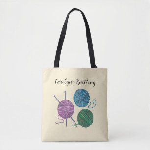 Balls of yarn and knitting needles, personalised  tote bag