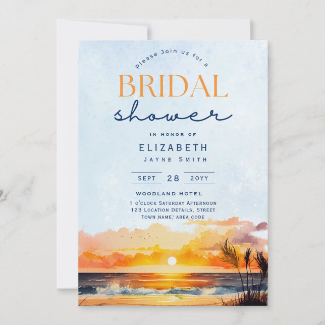 Balmy Days | Tropical Sunset Beach Bridal Shower Invitation (Front)