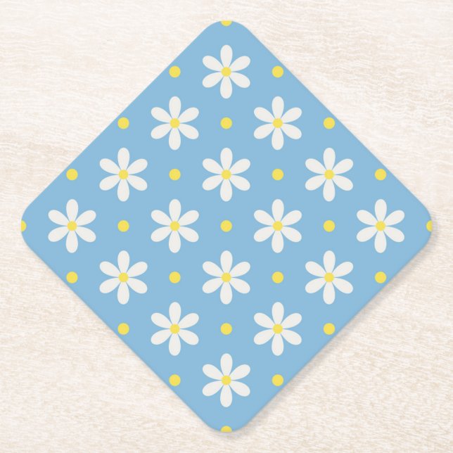 Baltic Sea Blue & Cloud Dancer Daisy Floral Paper Coaster (Front)
