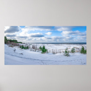 Baltic sea coast covered in snow in winter poster