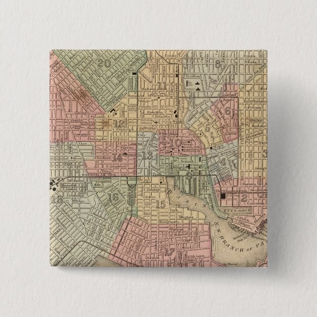 Baltimore Map by Mitchell 2 Inch Square Button (Front)