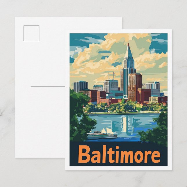 Baltimore Maryland Art Vintage Travel Illustration Postcard (Front/Back)