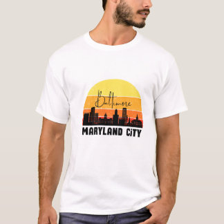 Baltimore Maryland City Skyline Sunset Retro Graph T-Shirt