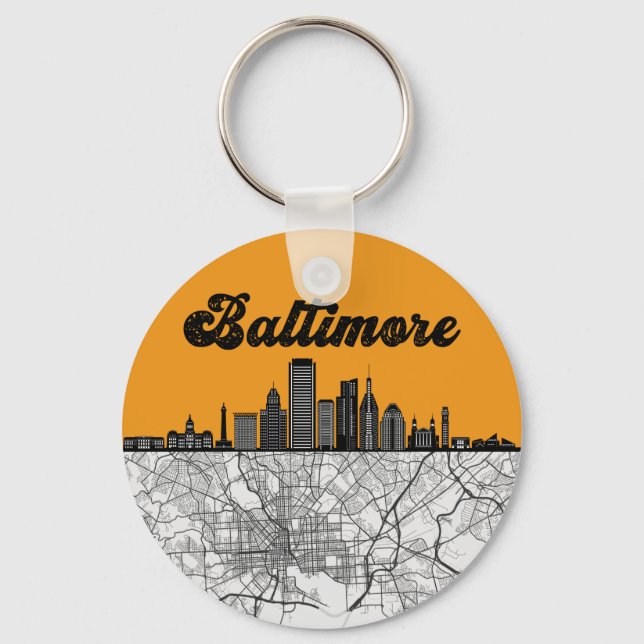Baltimore Maryland City Skyline With Map Keychain (Front)