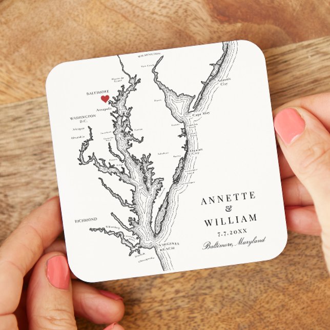 Baltimore Maryland Elegant Black White Wedding Square Paper Coaster (Personalized Baltimore MD Map Drink Coasters for an elegant black and white Maryland wedding)