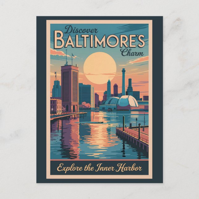 Baltimore Maryland Skyline Travel Art Vintage Postcard (Front)