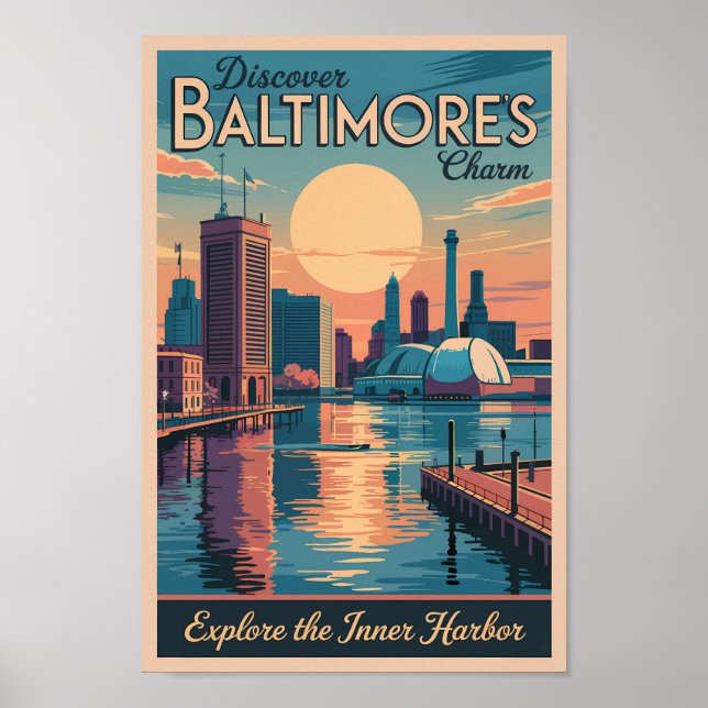 Baltimore Maryland Skyline Travel Art Vintage Poster (Front)