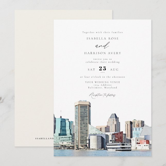 BALTIMORE MARYLAND Watercolor Illustration Wedding Invitation (Front/Back)