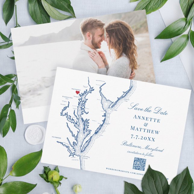 Baltimore Maryland Wedding Elegant Navy QR code Save The Date (These Baltimore Maryland Save the Dates are perfect for your Chesapeake Bay destination wedding)