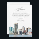BALTIMORE MARYLAND Welcome Letter Timeline Card<br><div class="desc">This wedding welcome letter and timeline features a watercolor painting of the Baltimore, Maryland skyline. This timeline is the perfect addition to your tropical destination wedding welcome bags. Easily edit *most* wording on this timeline. Click 'click to customize further' in the personalization section to open up the full editor. To...</div>
