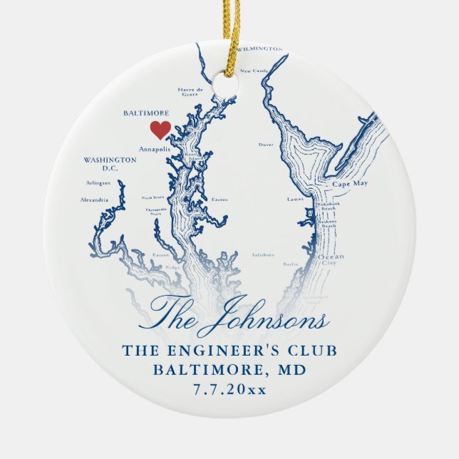 Baltimore MD Map Navy Wedding Photo Christmas Ceramic Ornament (Front)