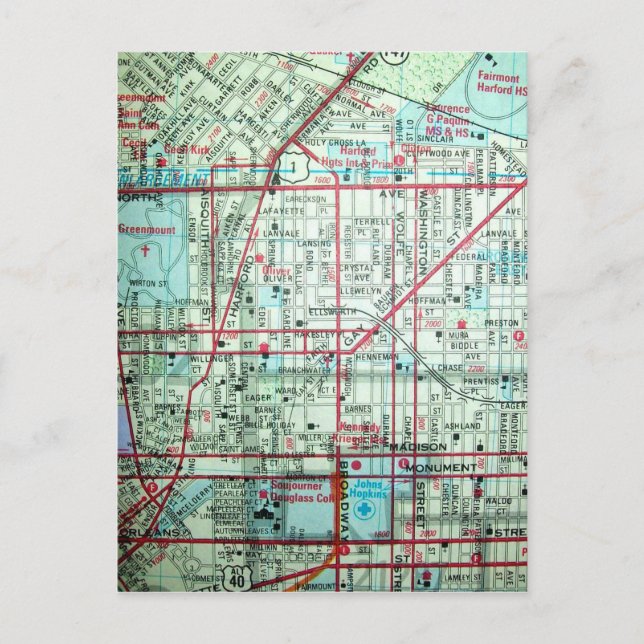 BALTIMORE, MD Vintage Map Postcard (Front)