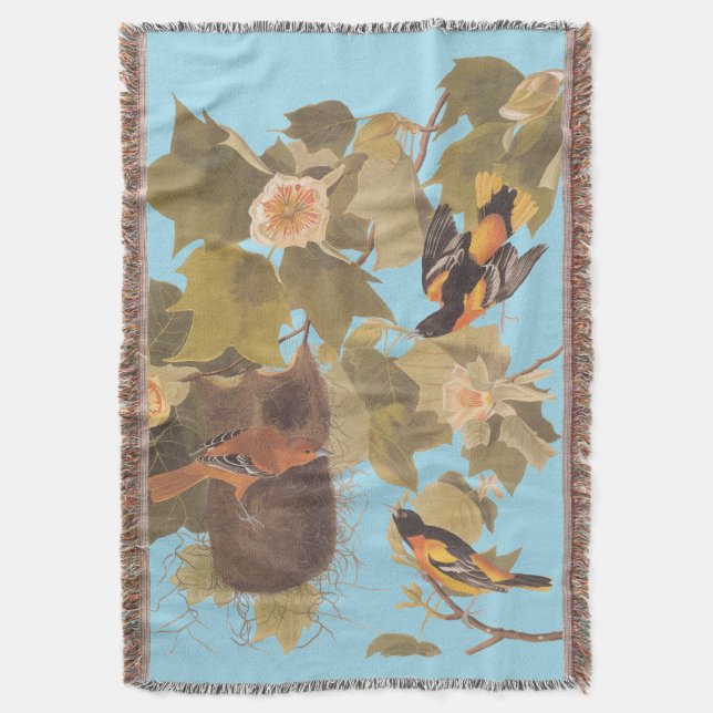 Baltimore Oriole Audubon Bird Family with Nest Throw Blanket (Front Vertical)