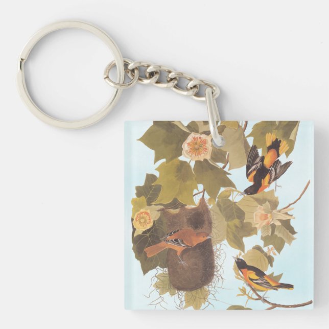Baltimore Oriole Audubon Birds in Poplar Tree Keychain (Front)