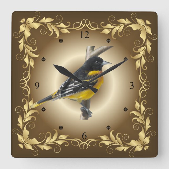 Baltimore Oriole ~ Golden Leaf Border ~ Brown/Tan~ Square Wall Clock (Front)