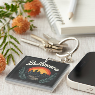 Baltimore Retro Skyline with Sunset  Keychain
