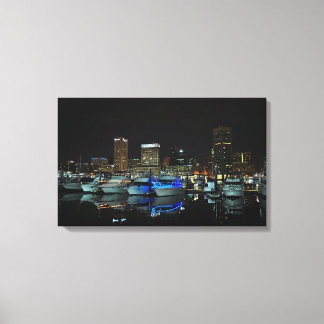 Baltimore skyline and boats  at night canvas print (Front)