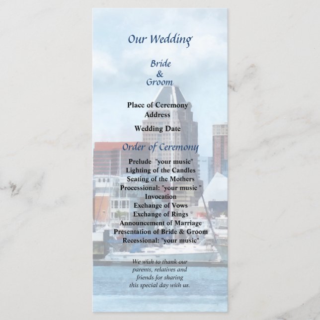 Baltimore Skyline and Harbour Wedding Program (Front)