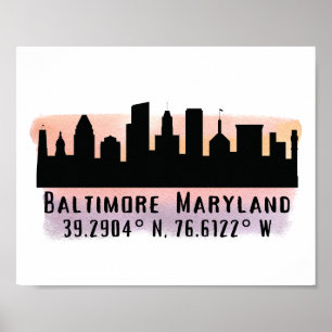 Baltimore Skyline Latitude and Longitude Poster