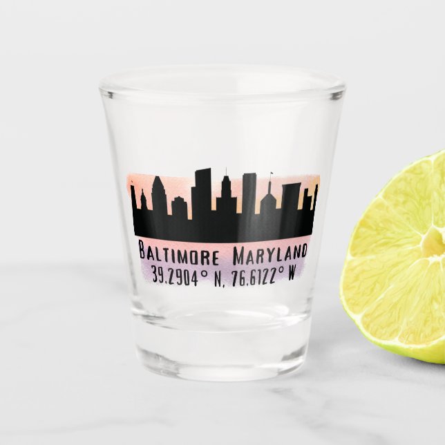 Baltimore Skyline Latitude and Longitude  Shot Glass (Front)