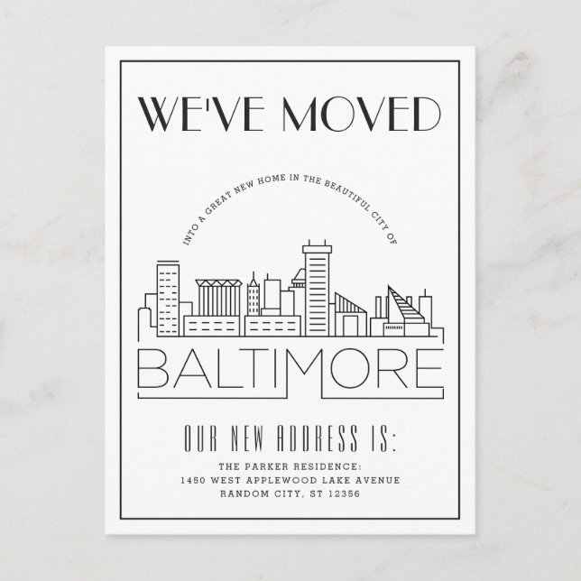  Baltimore Skyline Modern Deco Change of Address Announcement Postcard (Front)