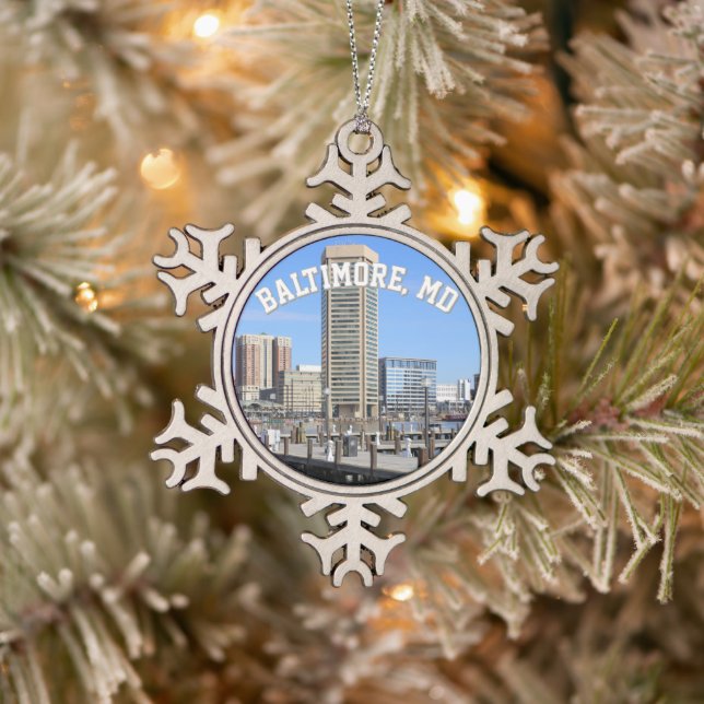 Baltimore's Inner Harbour World Trade Centre Photo Snowflake Pewter Christmas Ornament (Tree)