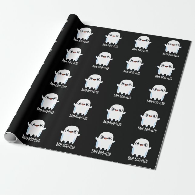 Bam-boo-zled Funny Halloween Ghost Pun Dark BG Wrapping Paper (Unrolled)