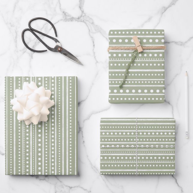 Bamanko Boho Sage Green Dots and Stripes Pattern Wrapping Paper Sheet (Front)