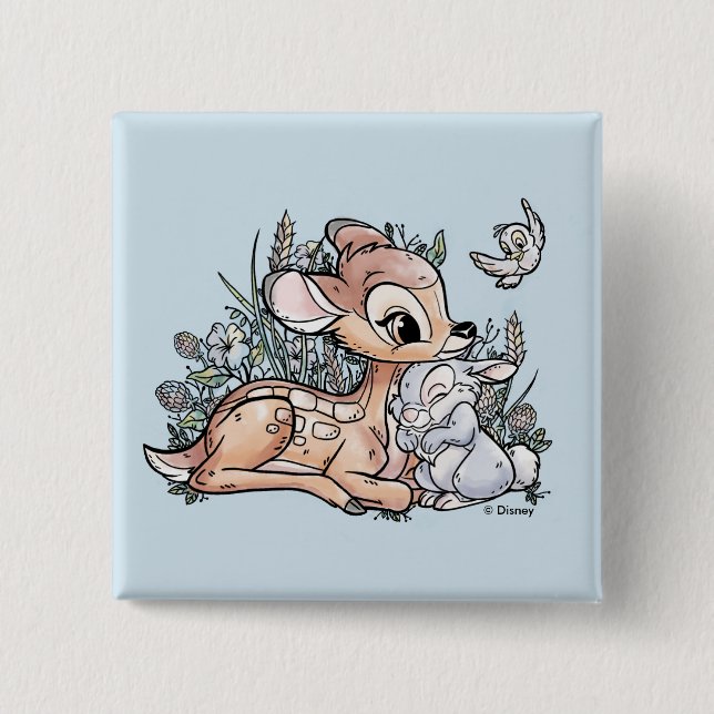 Bambi & Thumper Sitting In The Flowers 2 Inch Square Button (Front)