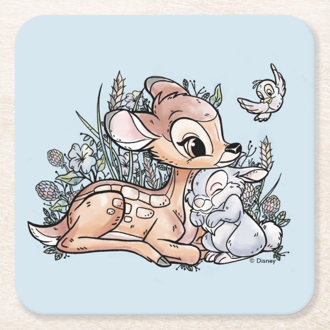 Bambi & Thumper Sitting In The Flowers Square Paper Coaster (Front)