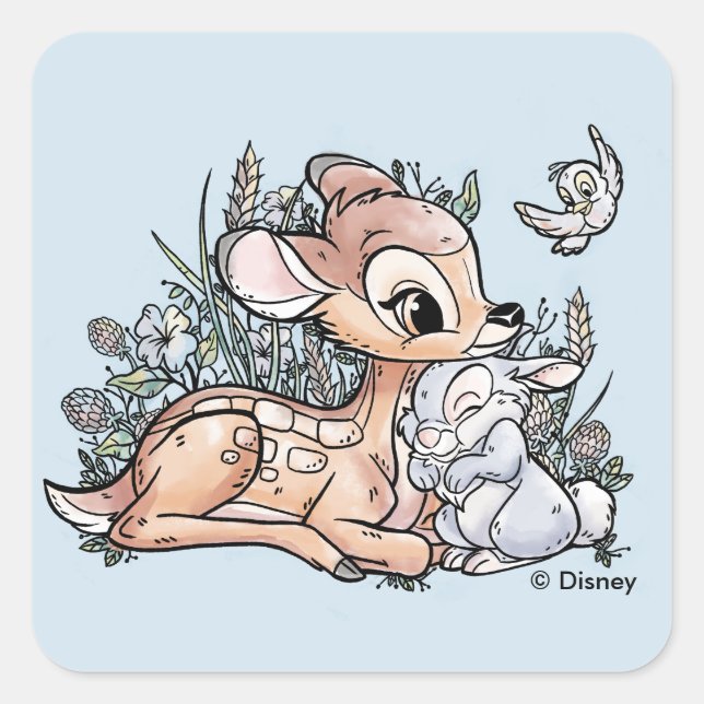 Bambi & Thumper Sitting In The Flowers Square Sticker (Front)