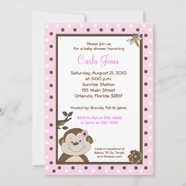 Bambino GIRL Pink Monkey Baby Shower Invites (Front)