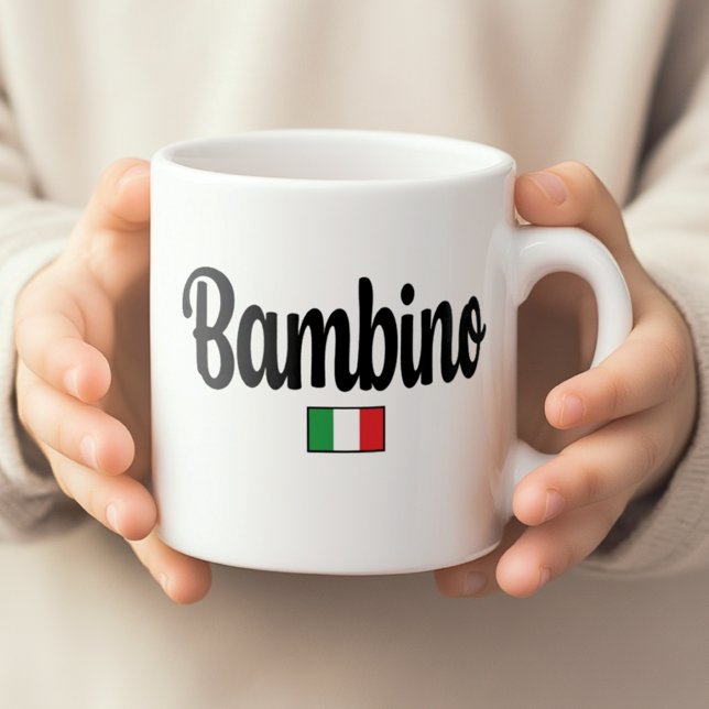 Bambino Italian Flag Mug (Child's hands holding white Bambino mug with Italian flag. Great Baby Shower gift for expecting boy)